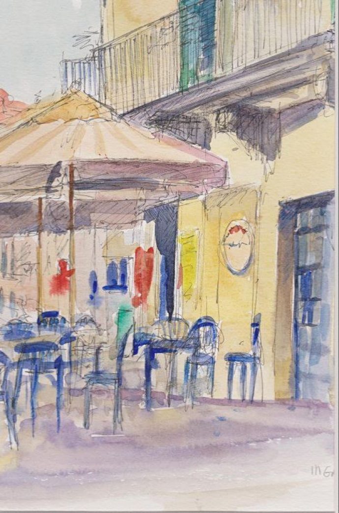 Sicilian Cafe in Modica - watercolour painting by Michael Gahagan.