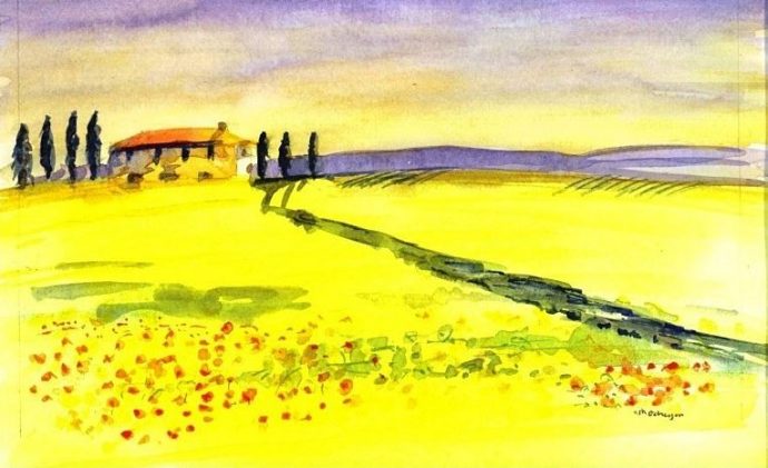 Tuscan landscape - watercolour painting by Michael Gahagan.