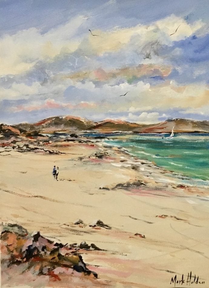Couple taking a stroll along the beach in painting by Mark Holden.