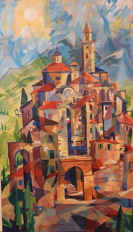 Painting of hilltop village by Angus McLean.