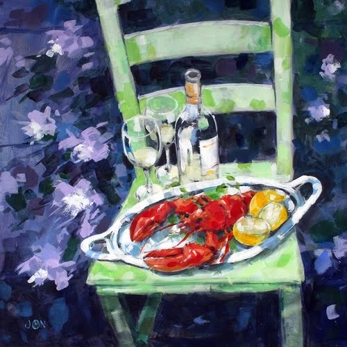 Chair with Lobster - acrylic painting on board by John Gagahan.