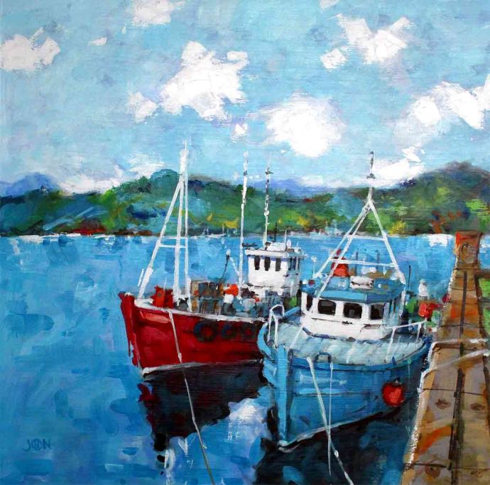Boats in Argyll - acrylic painting on board by John Gagahan.